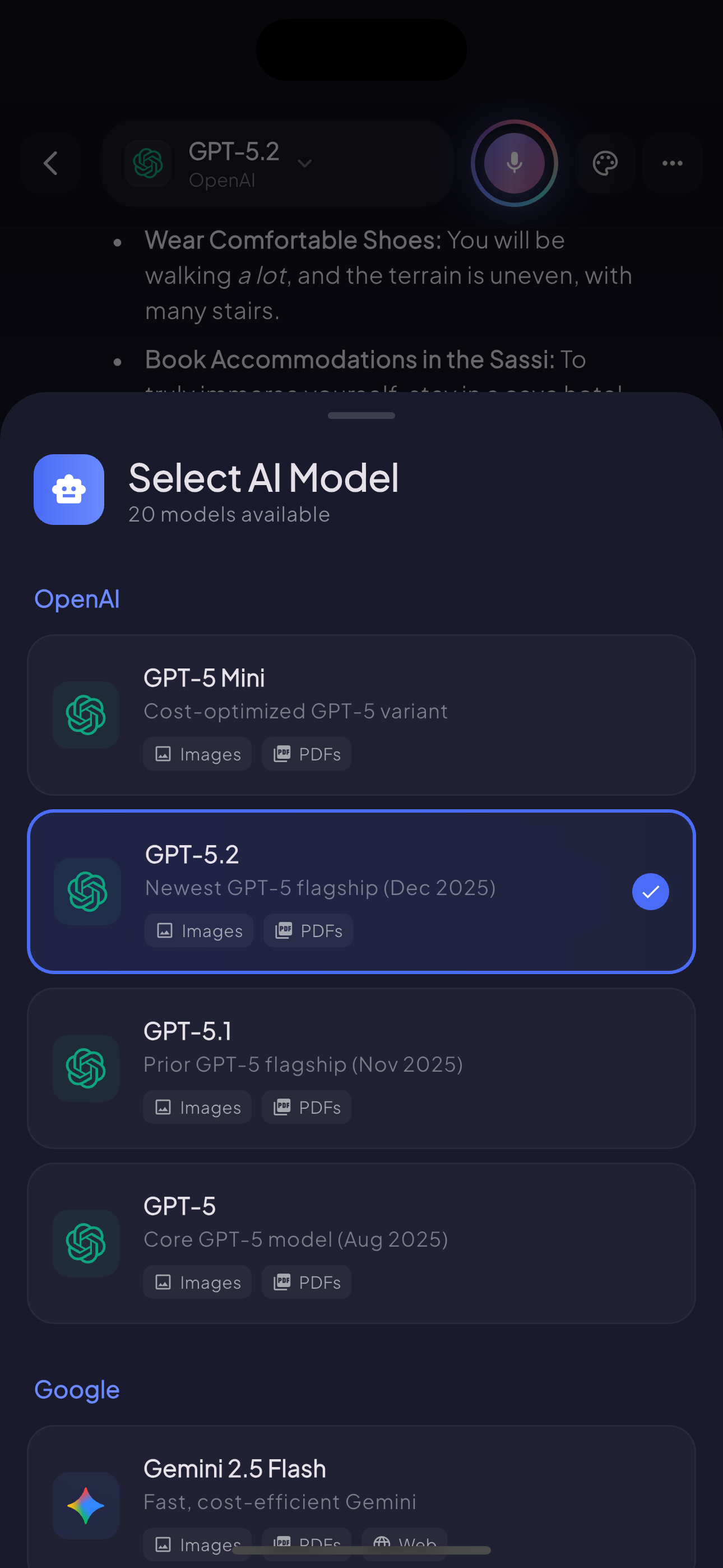 AI model selection sheet with 20 models including GPT-5.2, Claude and Gemini